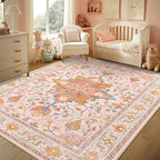 Area Rugs 4'x6' Washable Non-Slip, Floral Vintage Distress Print Pattern Medallion Carpet for Living Room Bedroom Dining Room, Light Pink Colorful