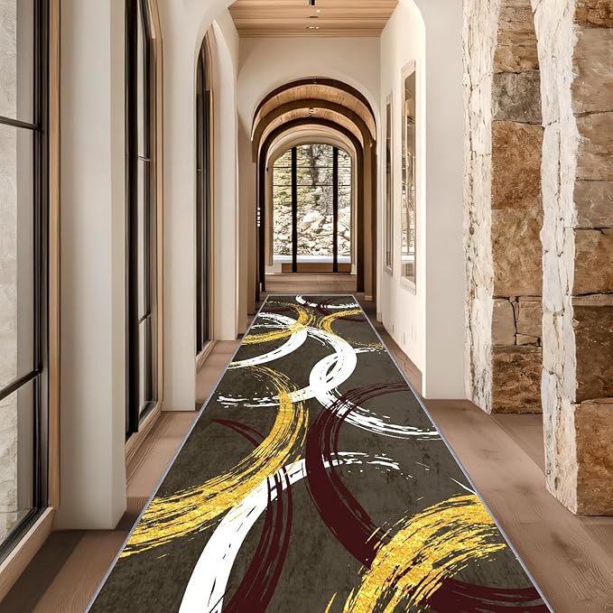 Gold White Red Circle Pattern Runner Rug, 2x6ft Washable Hallway Entrance Rugs - Corridor & Foyer Long Accent Rug, Modern Stylish Decor Carpet for Home Runner Non-Slip Mat