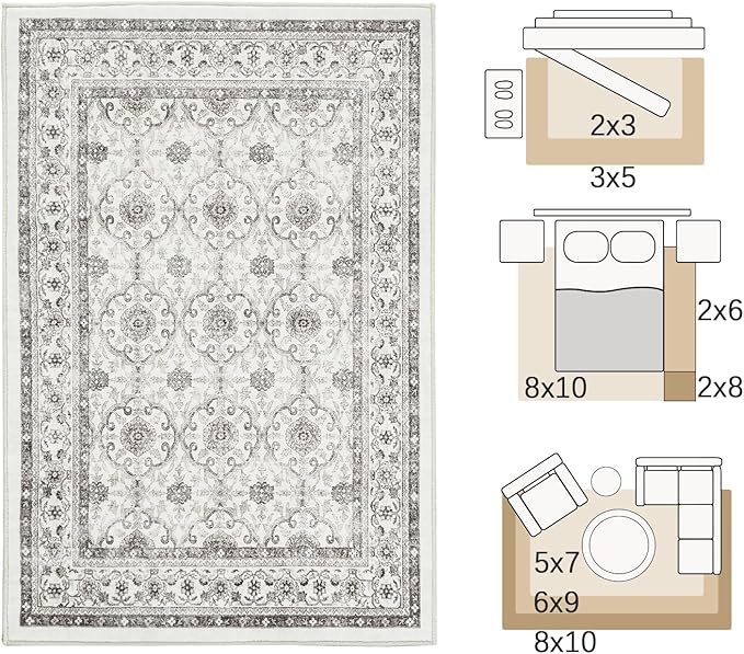 jinchan Floral 3x5 Area Rugs for Entryway - Beige Vintage Distressed Design Doormat Non-Slip Ultra-Thin Low Pile Boho Rug for Kitchen Living Room Bedroom Farmhouse (3‘x5', Beige)