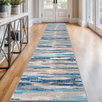 Modern Abstract Runner Rug 2.6x12, Blue Washable Long Kitchen Runner Non-Slip Soft Hallway Rug Runner Thin Print Faux Wool Carpet for Entryway Bedroom Laundry Room Indoor Home Decor