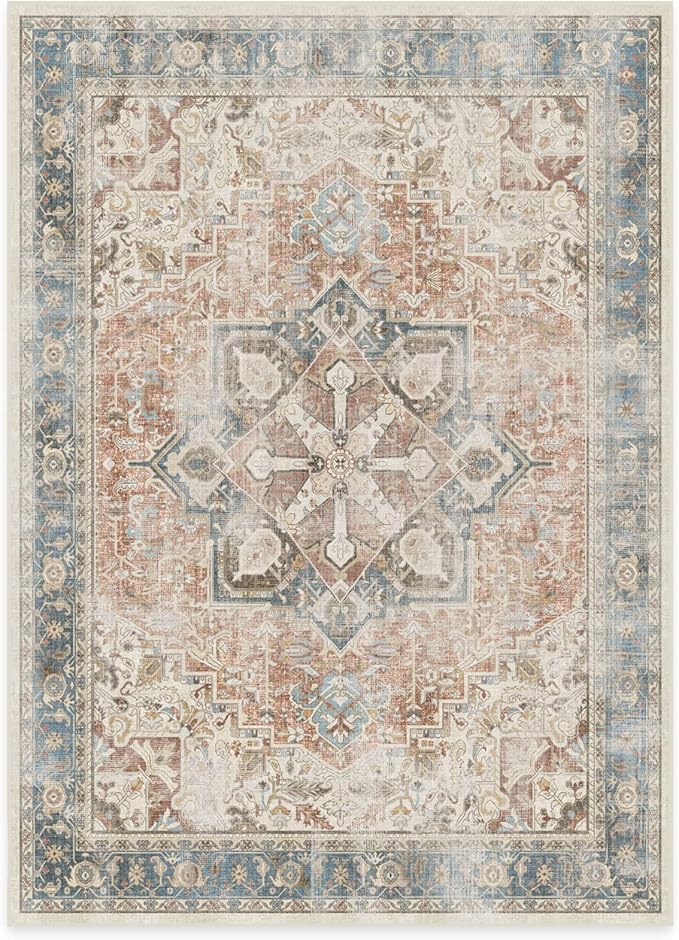 RUGGABLE Washable Vintage Area Rug – Kamran Coral 5x7, Stain-Resistant, Non-Slip – Medium Machine Washable Rugs for Living Room, Bedroom, Hallway, Entryway & Office–with Standard Pad