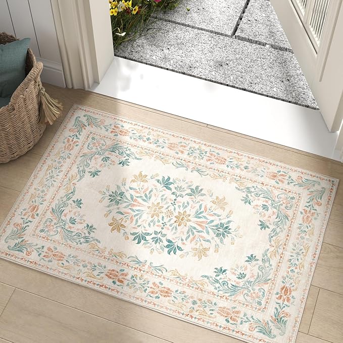 jinchan Spring Floral 2x3 Rugs for Entryway - Vintage Washable Area Rug Ultra-Thin Low Pile Soft Small Non Slip Distressed Indoor Doormat Accent for Entrance Kitchen Bedroom (2x3ft, Apricot Multi)