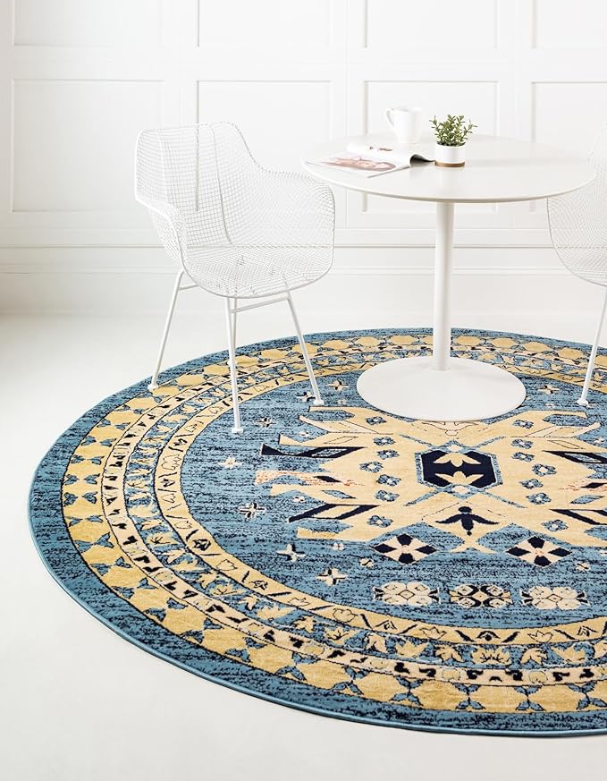 Unique Loom Taftan Collection Border Geometric Tribal Inspired Design Area Rug (8' 0 x 8' 0 Round, Light Blue/ Gold)