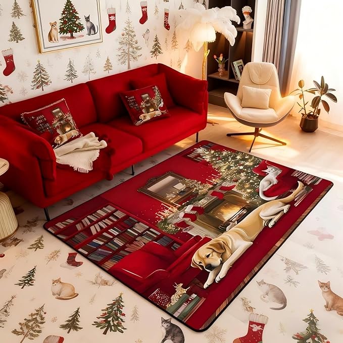 Merry Christmas Large Area Rug 5x7 Puppy Christmas Tree Living Room Rug | Little Cat Pup Dog Rugs for Bedroom, Cute Pet Animal Golden Retrievers Carpet Indoor Floor Mat
