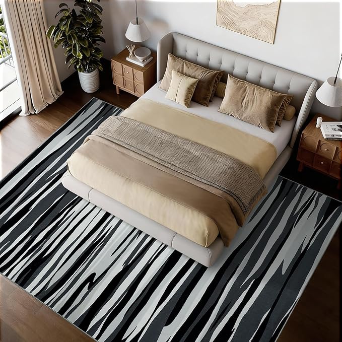 YIHOUSE 5×7 Ft Area Rugs for Living Room: Modern Abstract Black Grey and White Rug - Nonslip Washable Striped Rug for Bedroom Dining Room Office Playroom Nursery Home Decor