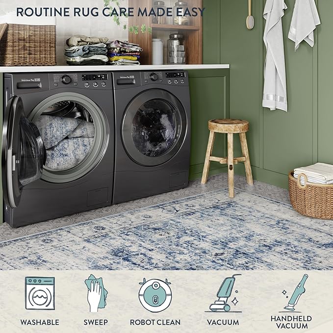 Lahome Blue Area Rug for Living Room 6x9 Machine Washable Area Rugs Living Room Rug,Vintage Distressed Soft Rubber Backing Stain Resistant Indoor Carpet for Office