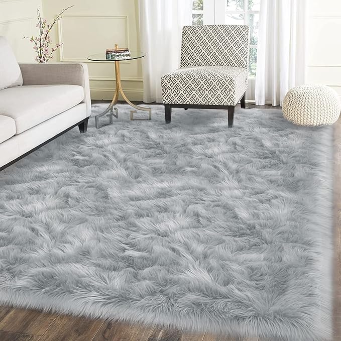 Latepis Washable Area Rugs 9x12 Living Room Gray Fur Rug Super Large Faux Sheppskin Rug Fluffy Rugs for Bedroom Office Home Décor Rectangle