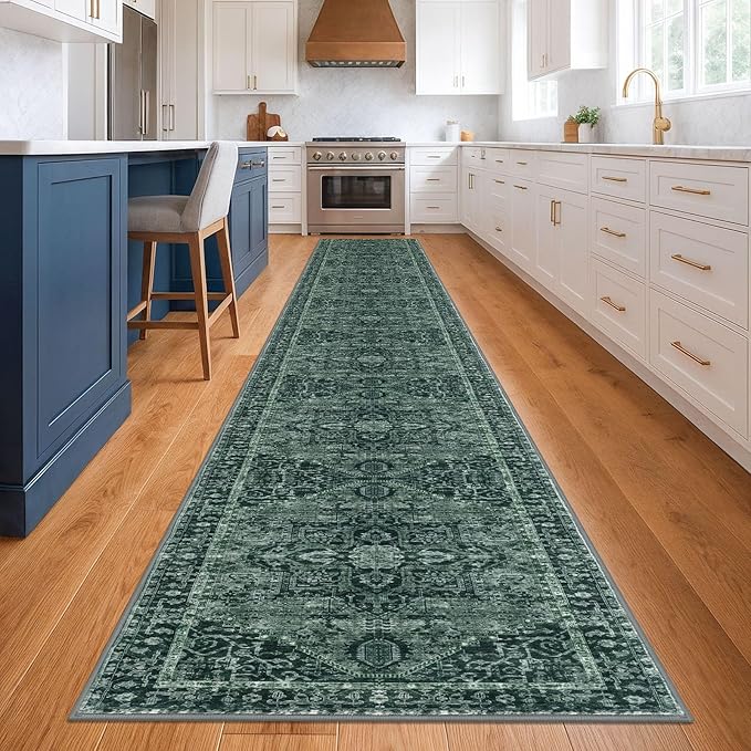 KOZYFLY Runners for Hallways 3x20 Ft Extra Long Faux Wool Washable Thin Hallway Rug Printed Runner Carpet for Entryway Bedroom Stair Kitchen Hall Living Room Decor, Dark Green