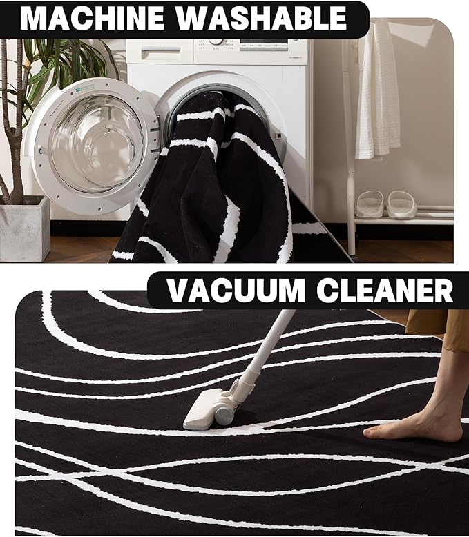 YIHOUSE Black Modern Area Rug 5x7,Abstract Rugs for Bedroom,Black and White Geometric Rug,Minimalist Striped Rug,Dark Washable Area Rugs 5x7 Non Slip Throw Rugs for Bedroom，Office
