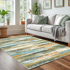 Modern Abstract 4x6 Living Room Washable Rug Non-Slip Soft Bedroom Area Rug Green Mustard Multi Thin Print Faux Wool Floor Carpet Throw Rugs for Nursery Playroom Dining Room Indoor Office