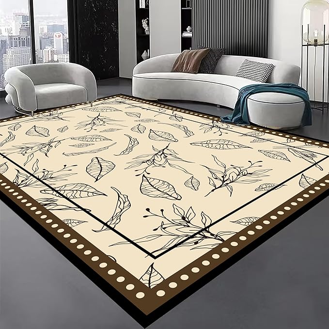 Medieval French Style Area Rugs 6x9ft, Off-White Botanical Leaf Pattern Rug, Low Pile Carpet, Washable & Non-Slip for Living Room, Bedroom, Dining Room, Dorm