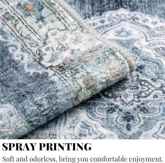 MUJOO 5'x7' Area Rugs Blue Grey Machine Washable Rugs Living Room Rugs Boho Rug for Bedroom Laundry Room Kitchen Non Slip Large Carpet Abstract Soft Low-Pile Floral