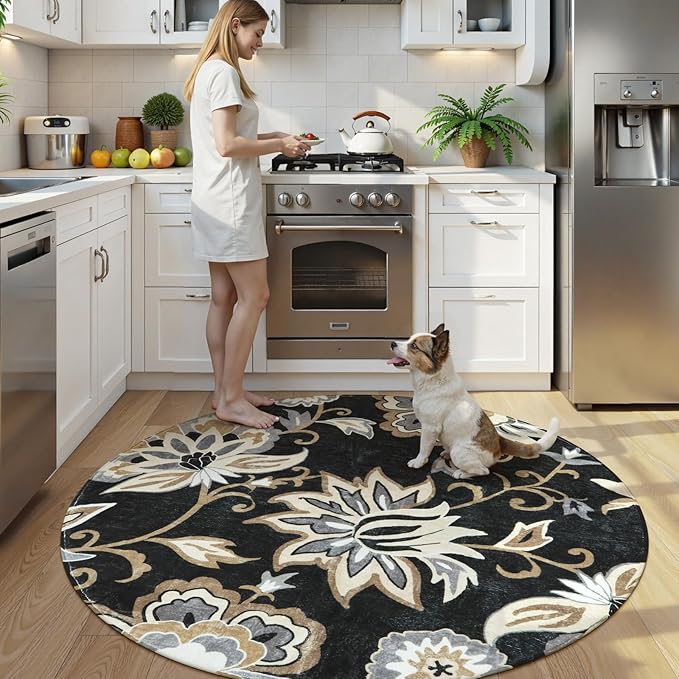 Lahome Floral Black Round Area Rug - 5Ft Washable Ultra-Thin Soft Bedroom Rug, Non-Slip Stain Resistant Circle Carpet for Living Room, Office, Dining Room, Paisley Print Accent Carpet
