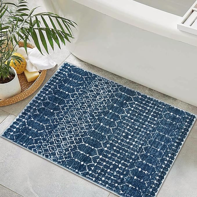 Lahome Moroccan Indoor Rugs for Entryway 2x3 Area Rug Non-Slip Backing Washable Inside Door Mats Low-Profile Throw Soft Rugs for Bathroom, Geometric Print Distressed Blue Rug for Kitchen Bedside