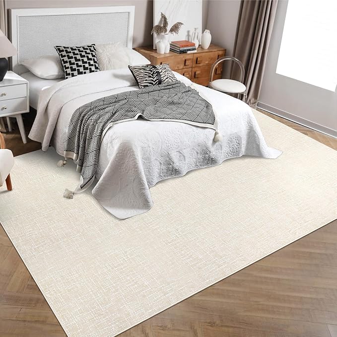 RUGSREAL Living Room Area Rug 9x12 Machine Washable Rug Non-Slip Stain Resistant Modern Abstract Bedroom Rug Contemporary Throw Floor Carpet for Dining Room Solid Area Rug for Home Office, Cream