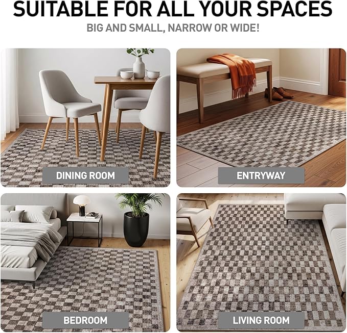 Rugshop Beige Checkered Area Rug – Textured Grid Pattern Carpet for Living Room, Bedroom, or Office – Neutral Contemporary Soft Floor Décor 5' x 7' Beige