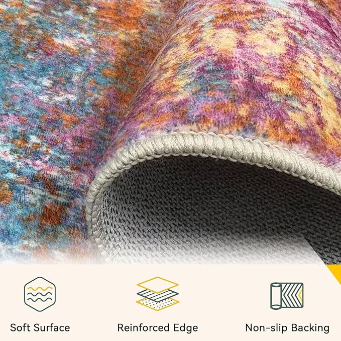 Washable Area Rugs 5'x7' Non-Slip Modern Abstract Soft for Living Room Entryway Bedroom Nursery, Print Pattern, Orange Blue Pink Yellow Colorful