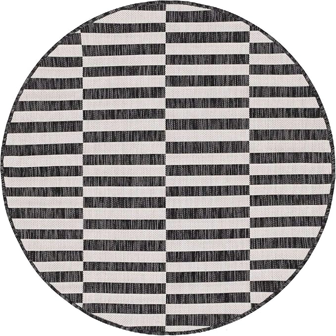Unique Loom Outdoor Striped Collection Area Rug - Striped (4' 1" Round, Charcoal/Ivory)