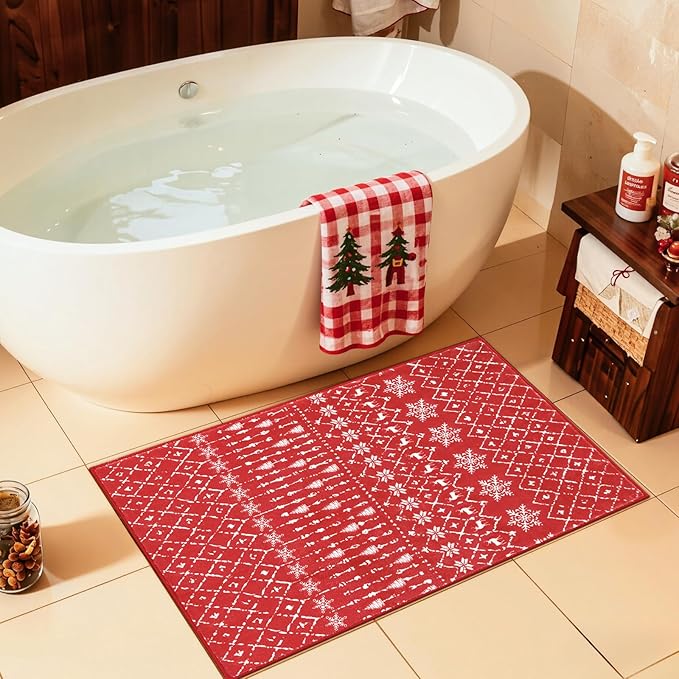 Lahome Christmas Door Mat 2x3 Red Entryway Rug Small Washable Area Rugs Non-Slip Indoor Entry Carpet Throw Soft Bathroom Mat, Snowflake Home Xmas Holiday Decor Thin Floor Doormat Carpet for Bedside