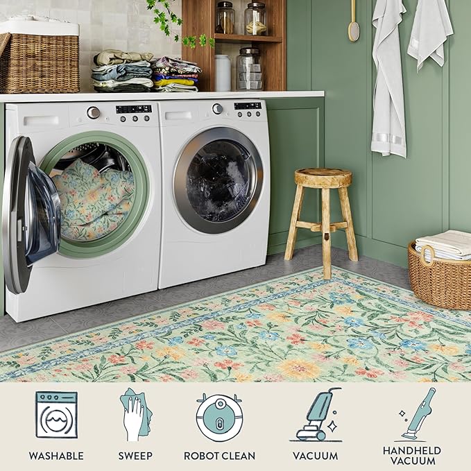 Lahome Sage Green 6x9 Bedroom Rugs, Boho Washable Rugs for Living Room, Soft Wool Carpet for Nursery, Vintage Low Pile Carpet for Kids Playroom Girls, Tea Green