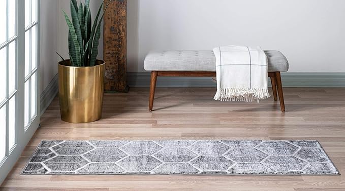 Rugs.com Lattice Trellis Collection Rug – 6 Ft Runner Gray Low-Pile Rug Perfect for Hallways, Entryways