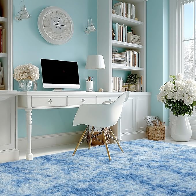 Andency 6x9 Area Rugs, Large Shag Fluffy Soft Shaggy Rugs for Living Room Bedroom, Non-Slip Tie-Dyed Blue Thick Plush Carpet for Kids Girls and Boys, Dorm Nursery Home Decor Aesthetic