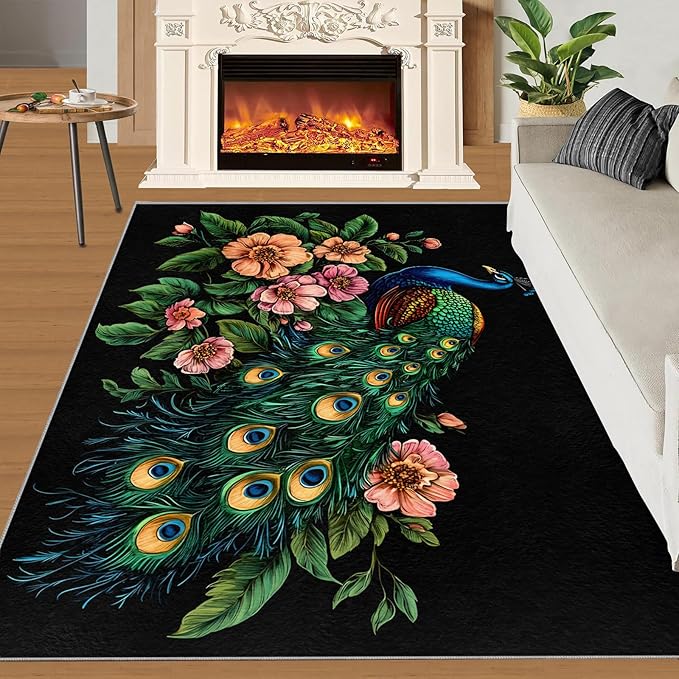 Peacock Peony Rugs for Bedroom - 3x4 Rug, Classic Peacock Peony Area Rugs for Living Room, Teal Turquoise Carpet, Floral Plant Washable Area Mat, Aesthetics Carpet - Peafowl Home Decor & Gifts