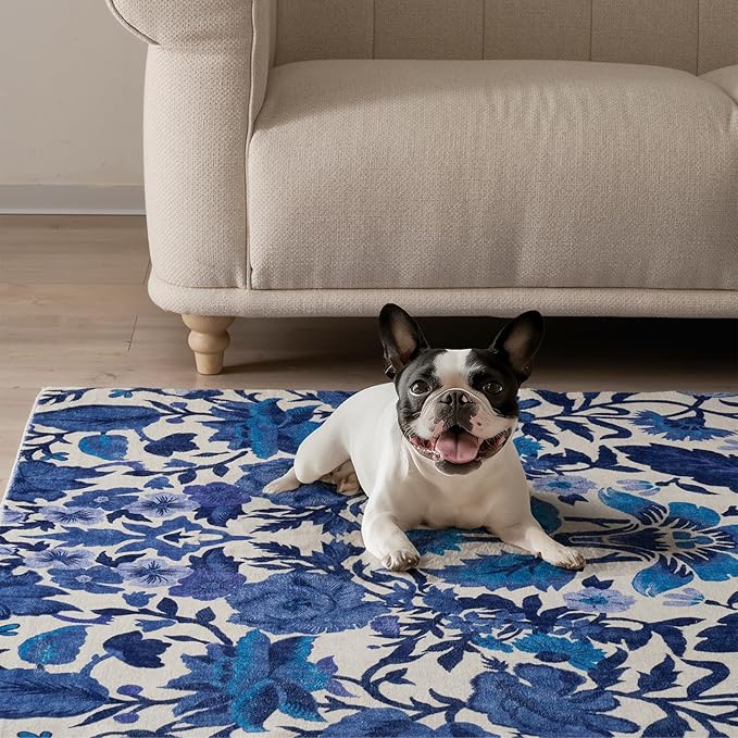 EVERGRACE Area Rugs for Living Room 3x5, Boho Floral Faux Wool Indoor Outdoor Rugs, Washable Rugs for Bedroom Entryway Dining Room Hallyway, Low Pile Floor Mat Carpet for Home Decor, Celtic Blue