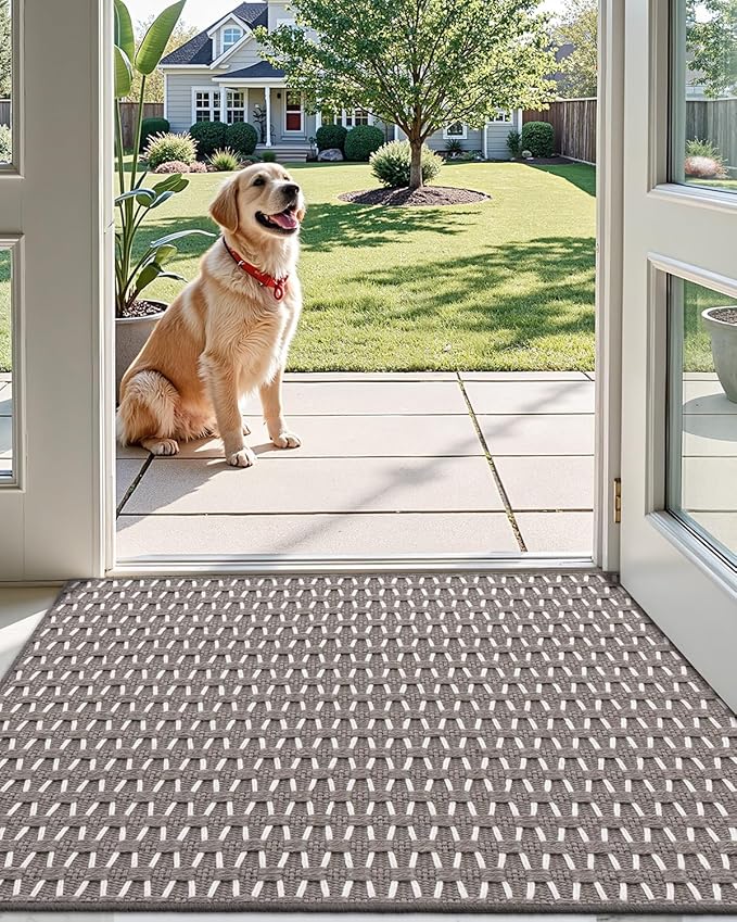 LUMI Handwoven Indoor Door Mat 24"x36", Non-Slip Low Profile Checkered Inside Doormat, Comfort Weave Grid Pattern Floor Mats, Taupe