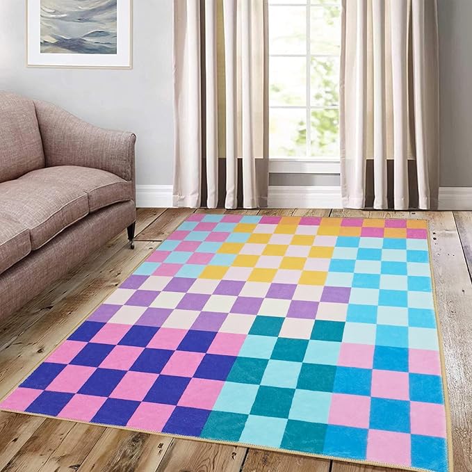 Multicolored Checkered Rug 5x7,5x7 Area Rugs for Living Room Bedroom,Indoor Non-Slip Large Colorful Checkered Rug for Kitchen Entryway Bathroom Office