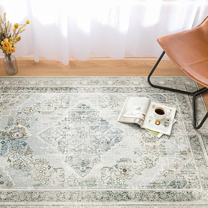 Phantoscope Washable Area Rug 4'x6' Non-Slip, Vintage Neutral Rugs for Living Room, Bedroom, Dining Room, Distressed Boho Medallion Pattern, Low-Pile Foldable Floor Carpet, Silver Grey/Taupe
