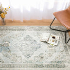 Phantoscope Washable Area Rug 6'x9' Non-Slip, Vintage Neutral Rugs for Living Room, Bedroom, Dining Room, Distressed Boho Medallion Pattern, Low-Pile Foldable Floor Carpet, Silver Grey/Taupe