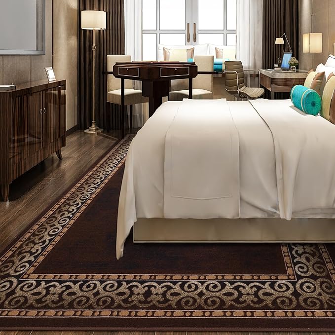 Antep Rugs Alfombras Bordered Modern 3x5 Non-Slip (Non-Skid) Low Pile Rubber Backing Indoor Area Rug (Brown, 3' x 5')