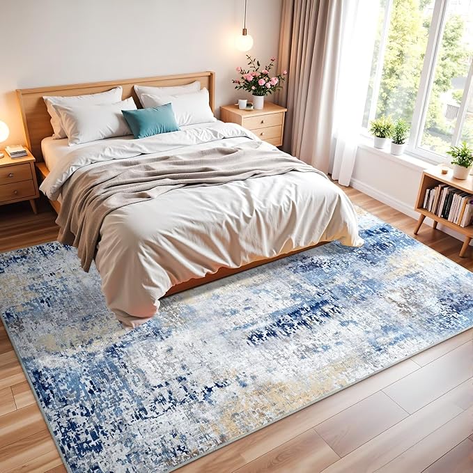 Washable Abstract Rug, 4x6 Modern Area Rugs with Non-Slip Rubber Backed for Living Room, Thin but Soft Contemporary Carpet Kitchen Bedroom Decor, Midnight Blue