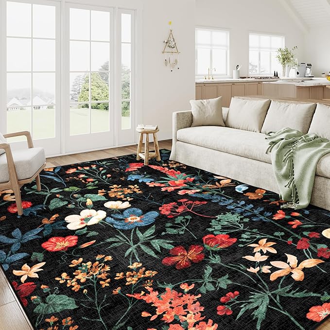 Black Area Rug 6x9 Floral Washable Living Room Kitchen Boho Carpet Non Slip Low Pile Indoor Accent Lightweight Soft Throw Rug for Bedroom Office Dining Room Nursery Farmhouse