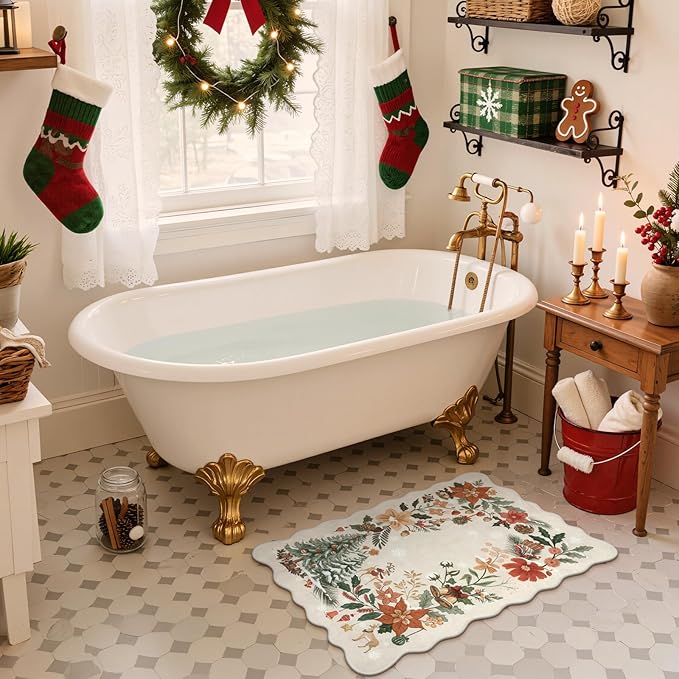 Lahome Floral Christmas Rug, 2x3 Kitchen Christmas Rugs for Entryway Ultra-Thin Washable Christmas Rugs Indoor,Soft Door Mat Indoor Entrance Holiday Carpet for Entry Bedroom, Beige/Multi