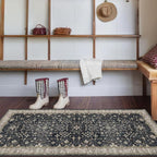 Black Entryway 2x5 Runner Rug, Small Throw Runners for Kitchen Bedroom Bathroom Laundry Room, Vintage Floral Decor & Non-Slip Low-Pile Washable Stain Resistant, Dark Ashen Charcoal