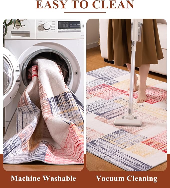 YIHOUSE Cream Retro Rugs 6x9,Blue and Red Vintage Washable Carpets for Living Room,Farmhouse Abstract Area Rug,Unique Checkered Block Rug for Bedroom,Dining Room,Office