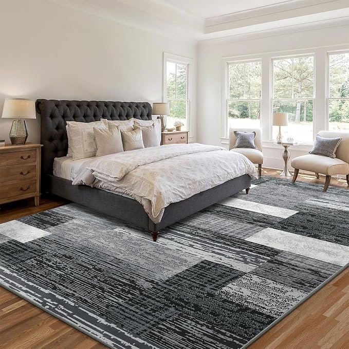 Large Area Rugs,Modern Geometric Patchwork Floor Decor for Bedroom Aesthetic Carpet, Rockwood Collection, Indoor Rugs for Living Room, Dining Room, Nursery, Office, Machine Washable Rug,6x9 Ft Grey
