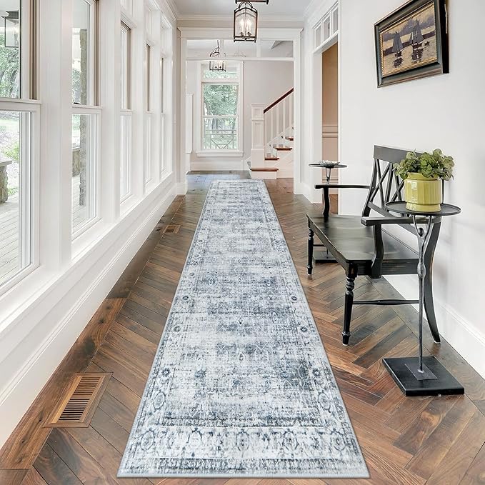 Morebes Vintage Hallway Runner Rug 12 ft, Extra Long Washable Kitchen Rug Runner Non-Slip, Soft Indoor Floor Throw Carpet for Hall Living Room Dining Room Office Farmhouse, Blue-Gray