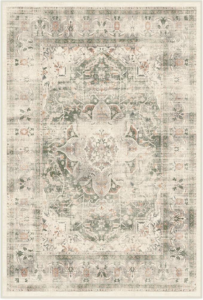 RUGGABLE Washable Vintage Area Rug – Sarrah Sage 4x6, Stain-Resistant, Non-Slip – Medium Machine Washable Rugs for Living Room, Bedroom, Hallway, Entryway & Office–with Cushioned Pad