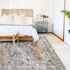 Area Rug 10x14 Washable Taupe Vintage Traditional Mat Distressed Indoor Foldable Thin Rug Retro Accent Floral Non Slip Carpet for Living Room Dining Room Office