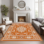 Mandala Rugs for Living Room -Vintage Floral Rug, 5x8 ft, Orange Mandala Area Rug, Boho Medallion Washable Non-Slip Stain Resistant, Meditation Boho Ethnic Home Decor & Gifts