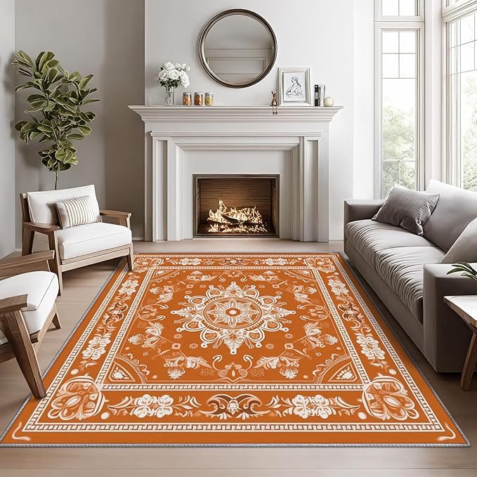 Mandala Rugs for Living Room -Vintage Floral Rug, 5x6 ft, Orange Mandala Area Rug, Boho Medallion Washable Non-Slip Stain Resistant Carpet, Meditation Boho Ethnic Home Decor & Gifts