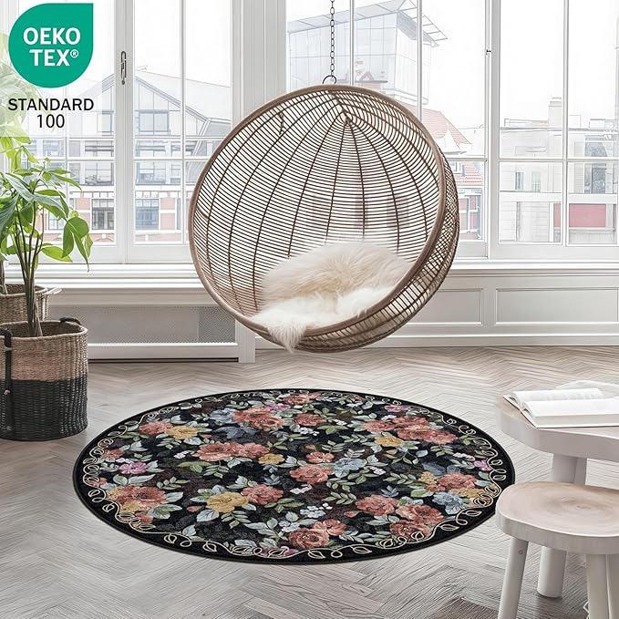 4ft Round Machine Washable Area Rug for Living Room, Black Vintage Boho Floral Rug Large Non-Slip Low Pile Soft Faux Wool Carpet, Kids and Pets Friendly for Bedroom Nursery Farmhouse Home Decor Rug