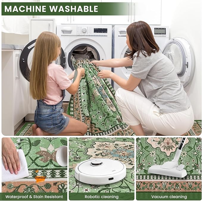 2' x 3' Green Washable Area Rugs, Non-Slip Entryway Rug, Boho Low Pile Door Mat Indoor Entrance, Floral Medallion Pattern Vintage Rugs for Kitchen Bedroom Bathroom Laundry Living Room Farmhouse