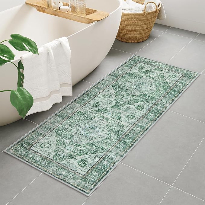 Uphome Bathroom Runner, Distressed Tribal Farmhouse Green Bathroom Mat, Large Bath Rugs Non Slip Washable, Oriental Retro Boho Bath Mat Runner for Bathtub Sink Laundry, 24x59 inch