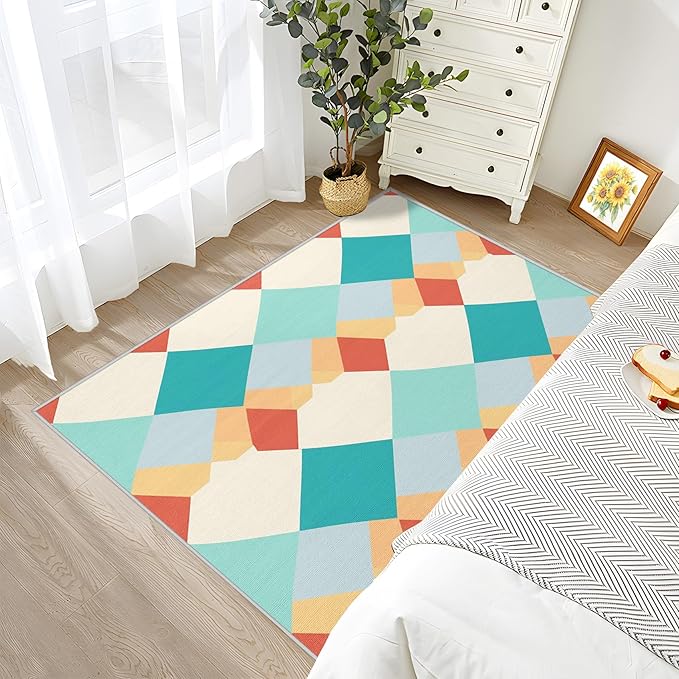 Geometric Rug for Entryway Indoor - 3x4ft - Colorful Retro Mid Century Modern Washable Non Slip Low Pile Small Rug for Bedroom, Geometric Carpets Room Decor & Gifts