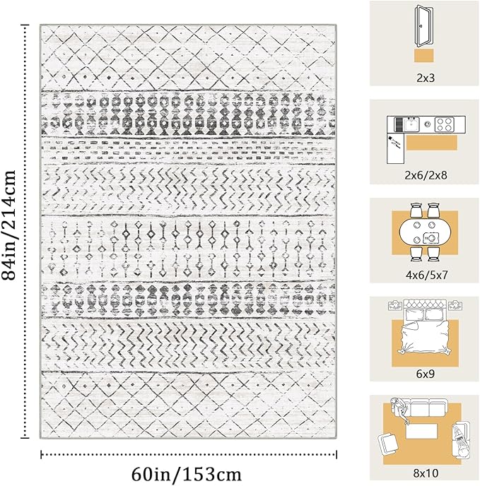 5x7 Machine Washable Area Rug for Living Room, Grey White Vintage Moroccan Rug Large Non-Slip Low Pile Soft Faux Wool Carpet, Kids and Pets Friendly for Bedroom Dining Room Farmhouse Home Decor Rug