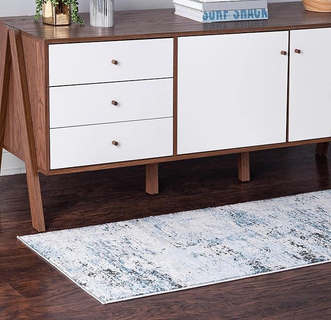 Rugs.com Leipzig Collection Rug – 8 Ft Runner Blue Low-Pile Rug Perfect for Hallways, Entryways